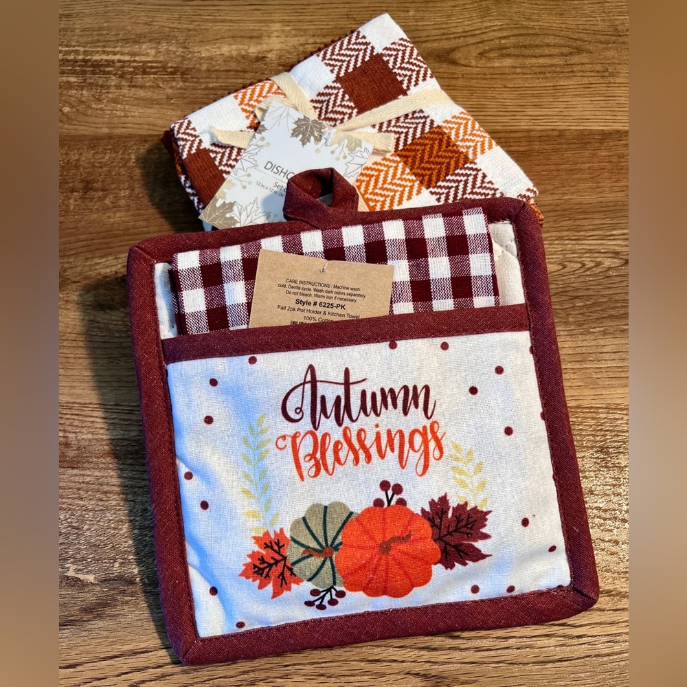 Autumn Blessings Pot Holder and Towel‎ Set and Set of Four Dishcloths